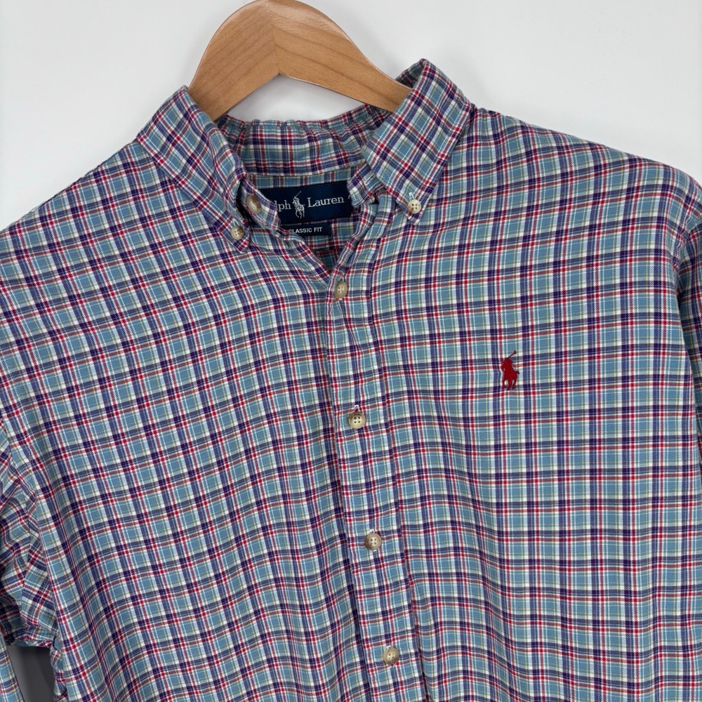 Polo Ralph Lauren Plaid Button Down Shirt Mens Large Long Sleeve Blue Red Preppy